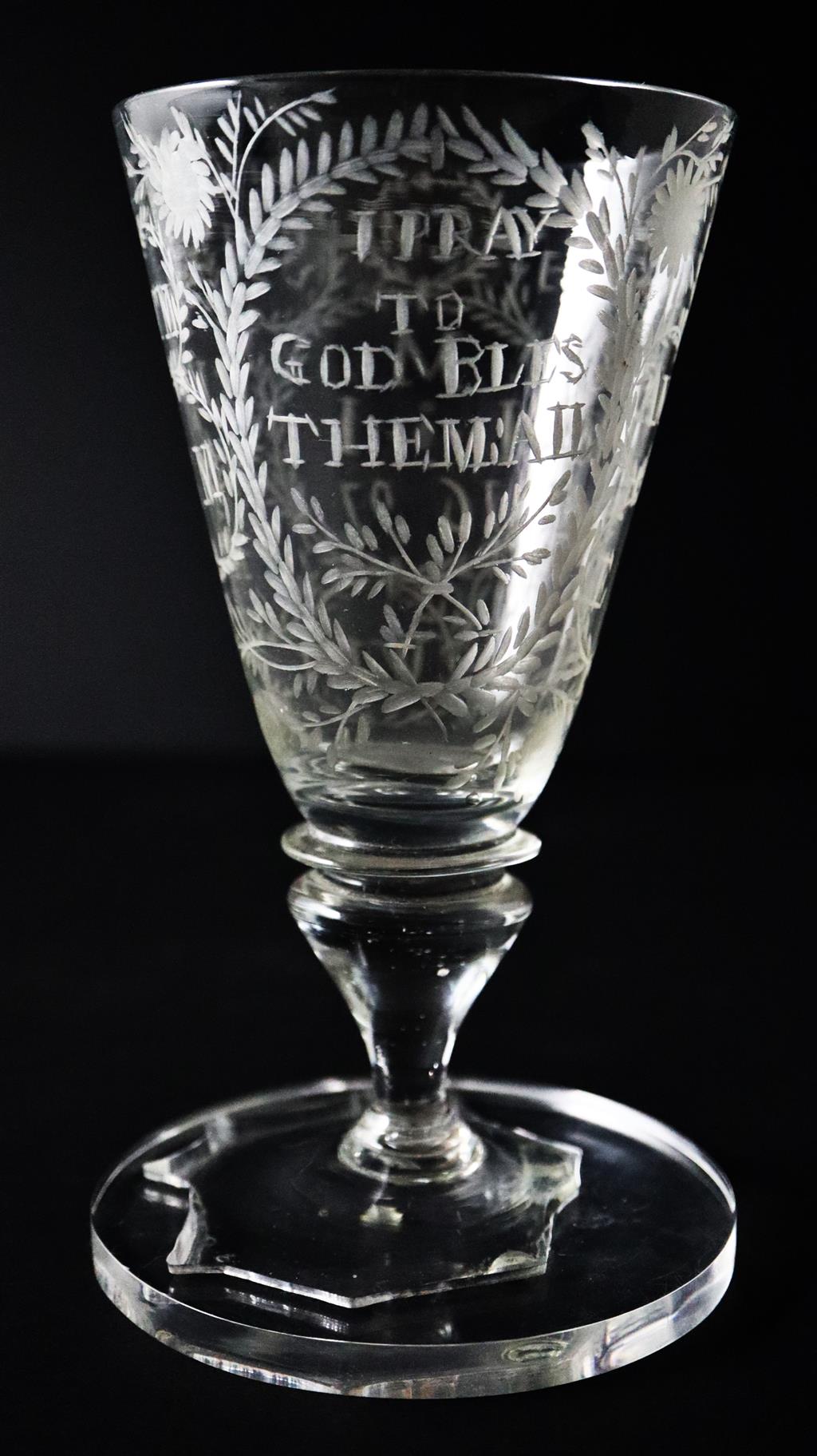 A rare documentary Irish wheel engraved lead glass goblet, dated 1697, with a Victorian fitted rosewood & pewter inlaid box